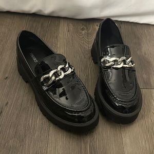 Black Pleather Loafer with silver Chain